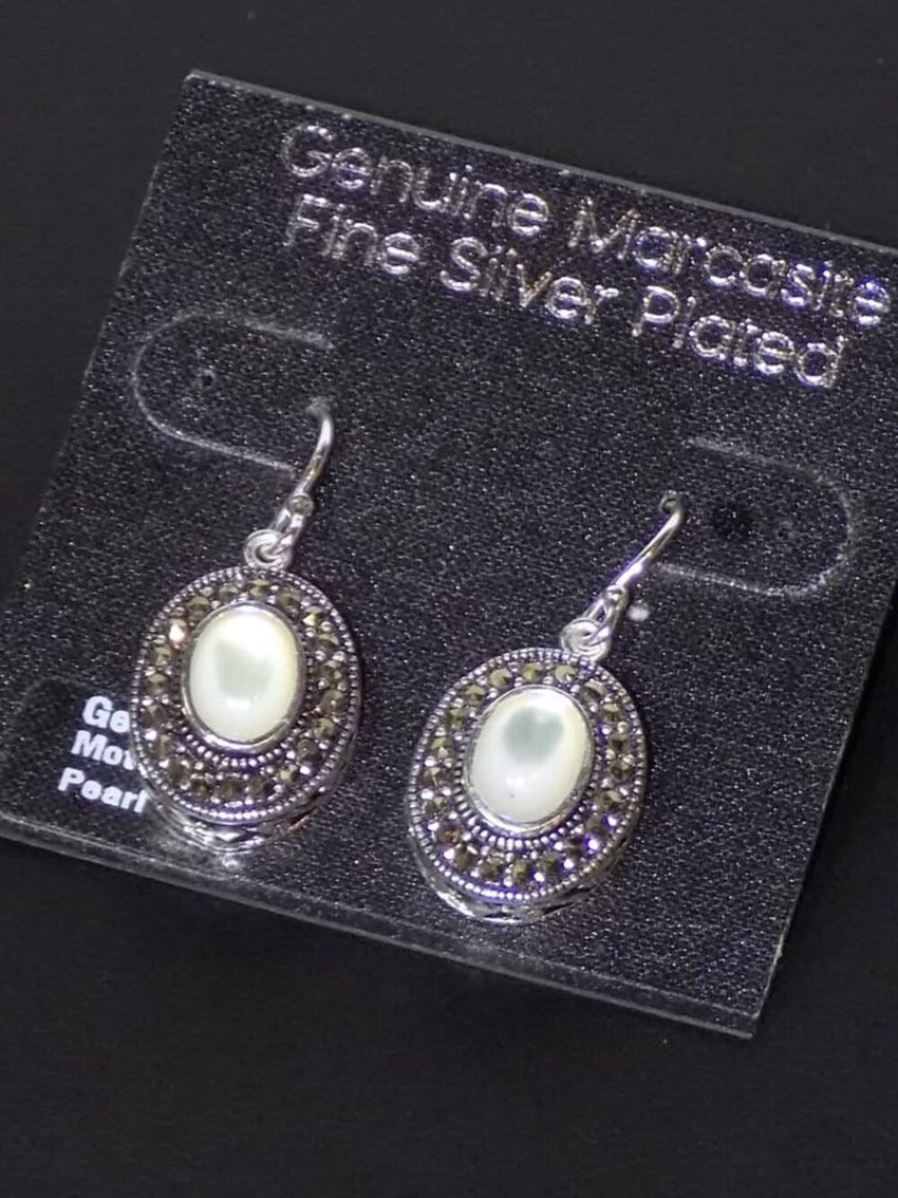 New w/$50 Tag Genuine Marcasite & Mother-of-Pearl Fine Silver Plated Earrings